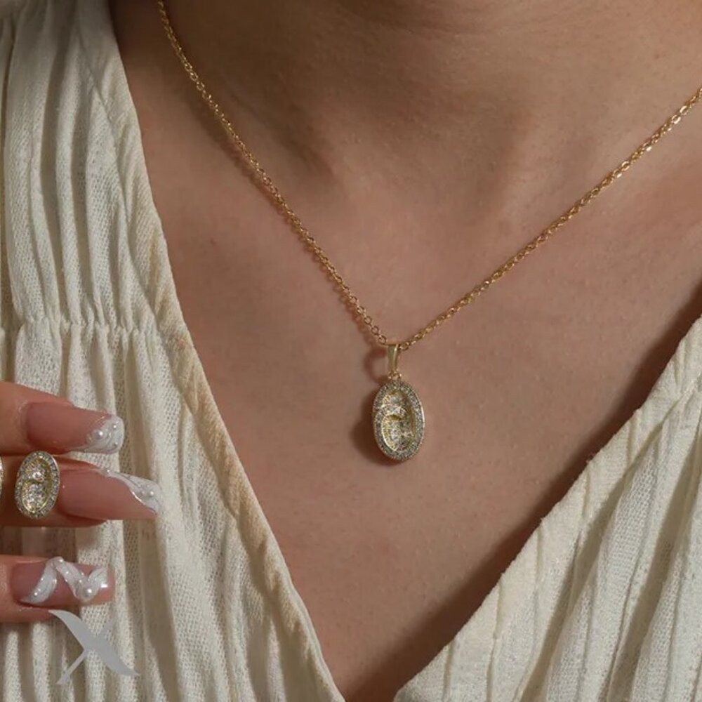 Copper 18K Gold Plated Plating Oval Jewelry Set Necklace and Earrings